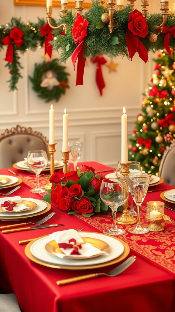 Elegant Red Christmas Table Decorations Elegant red Christmas table setting with gold accents and festive decorations.